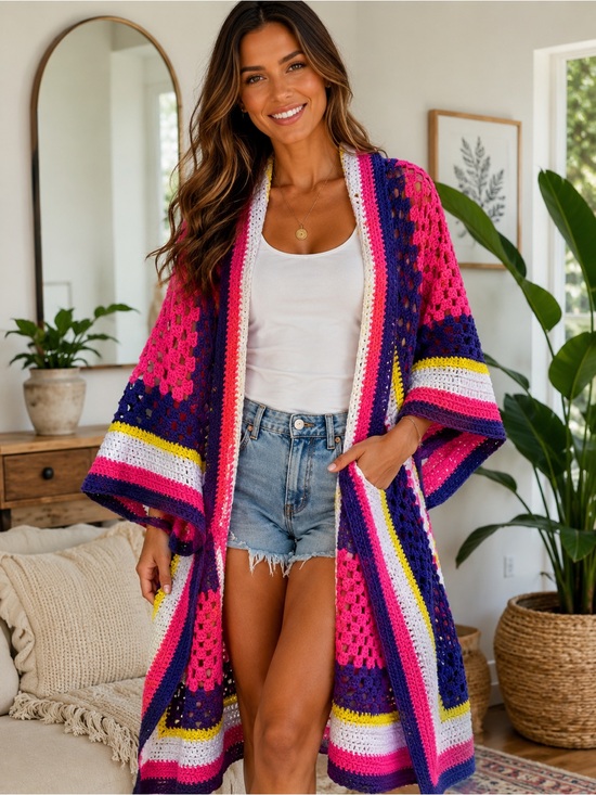 Artisan Sweaters - Handmade Crochet Granny Square Open Front Cardigan Kimono Duster One Size